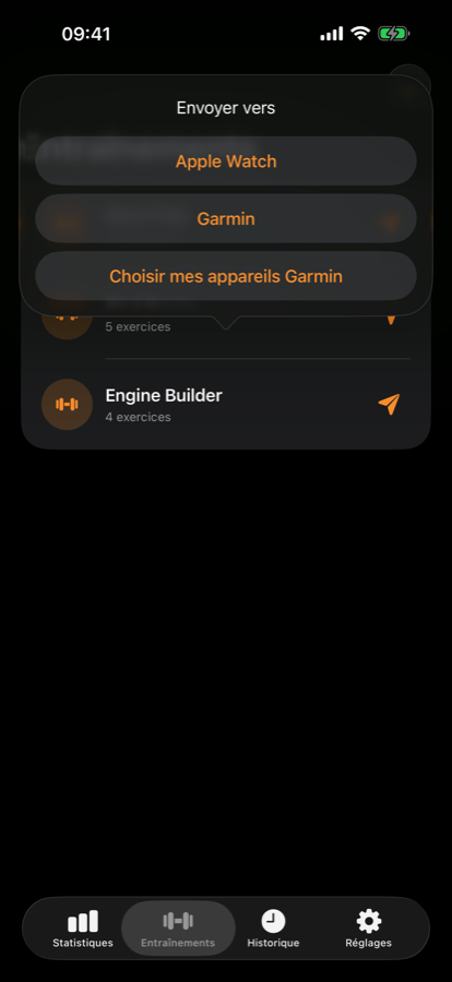Envoi d'un entraînement vers Apple Watch ou montre Garmin depuis l'application