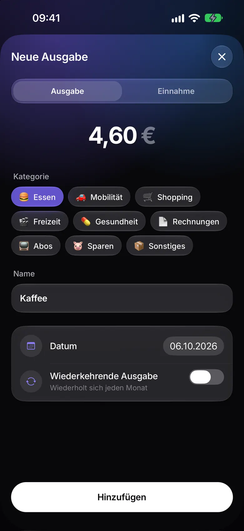 Schnelleingabe einer Ausgabe