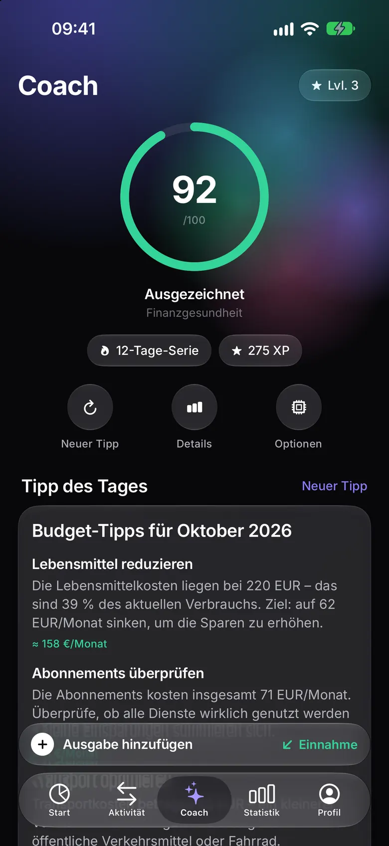 Coach-Screen mit dem Finanzgesundheits-Score