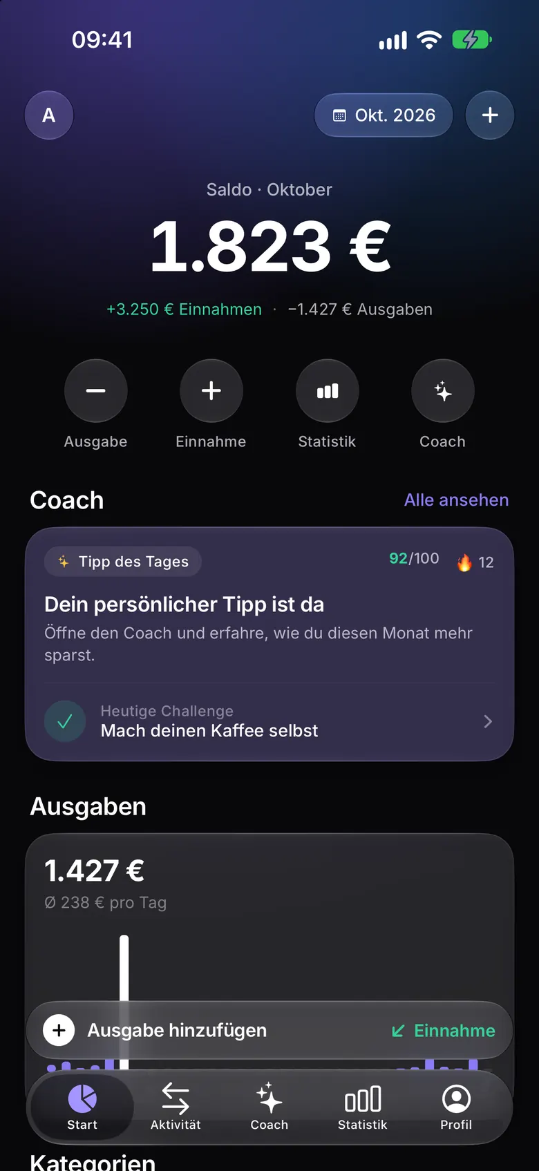 RevenuePilot Startbildschirm: Monatssaldo, Einnahmen und Ausgaben sowie der Tipp des KI-Coachs