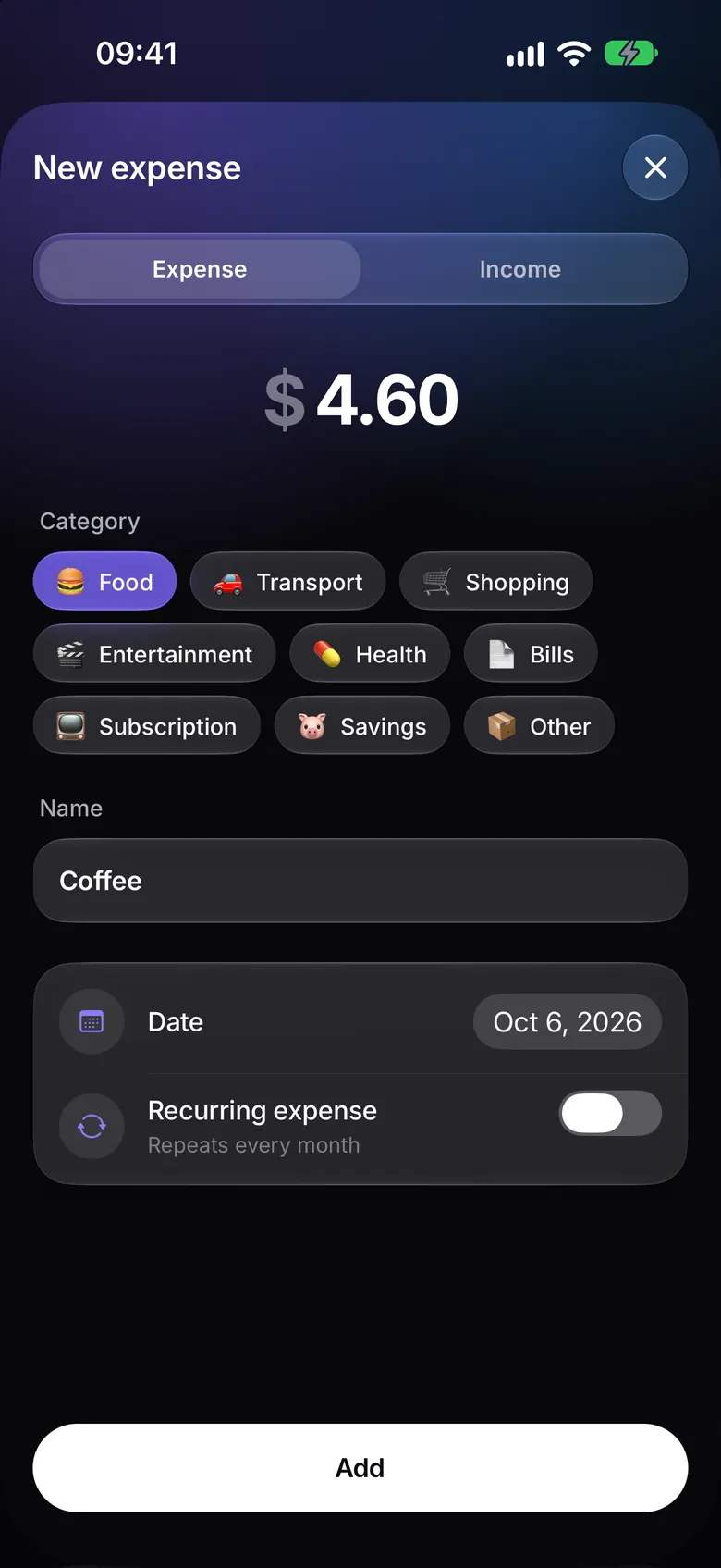 Quick add expense screen