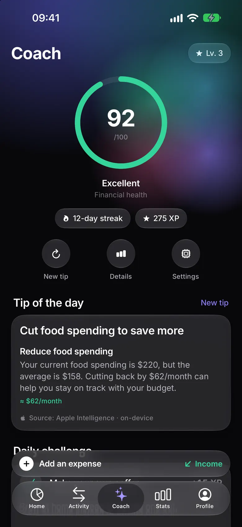 Coach screen with the financial health score