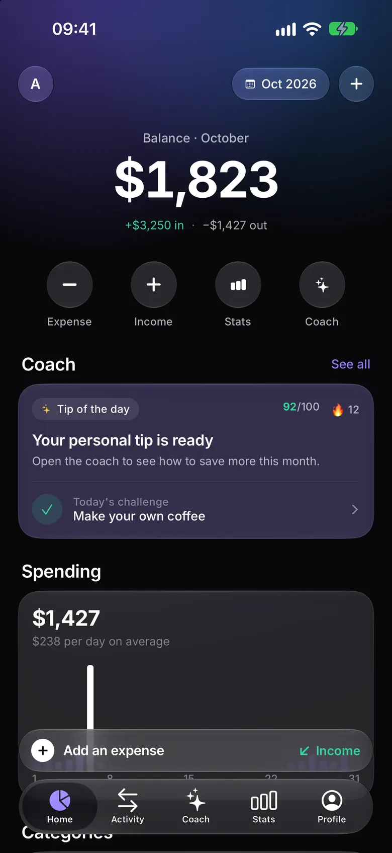 RevenuePilot home screen: monthly balance, money in and out, and the AI coach's tip