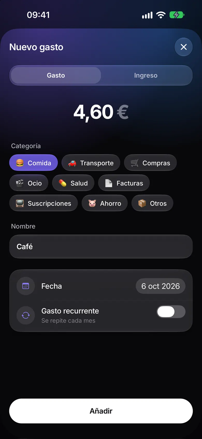 Pantalla para añadir un gasto rápido