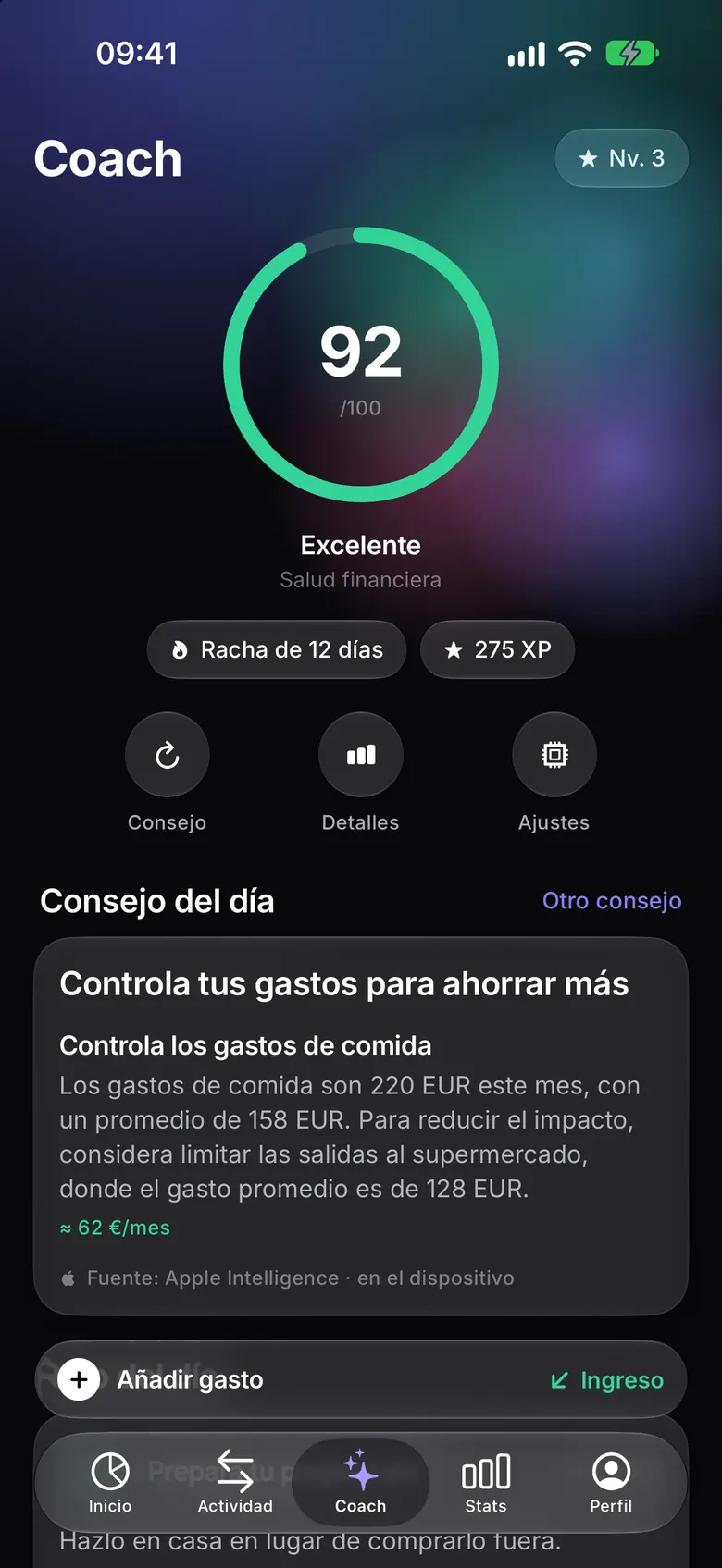 Pantalla Coach con la puntuación de salud financiera
