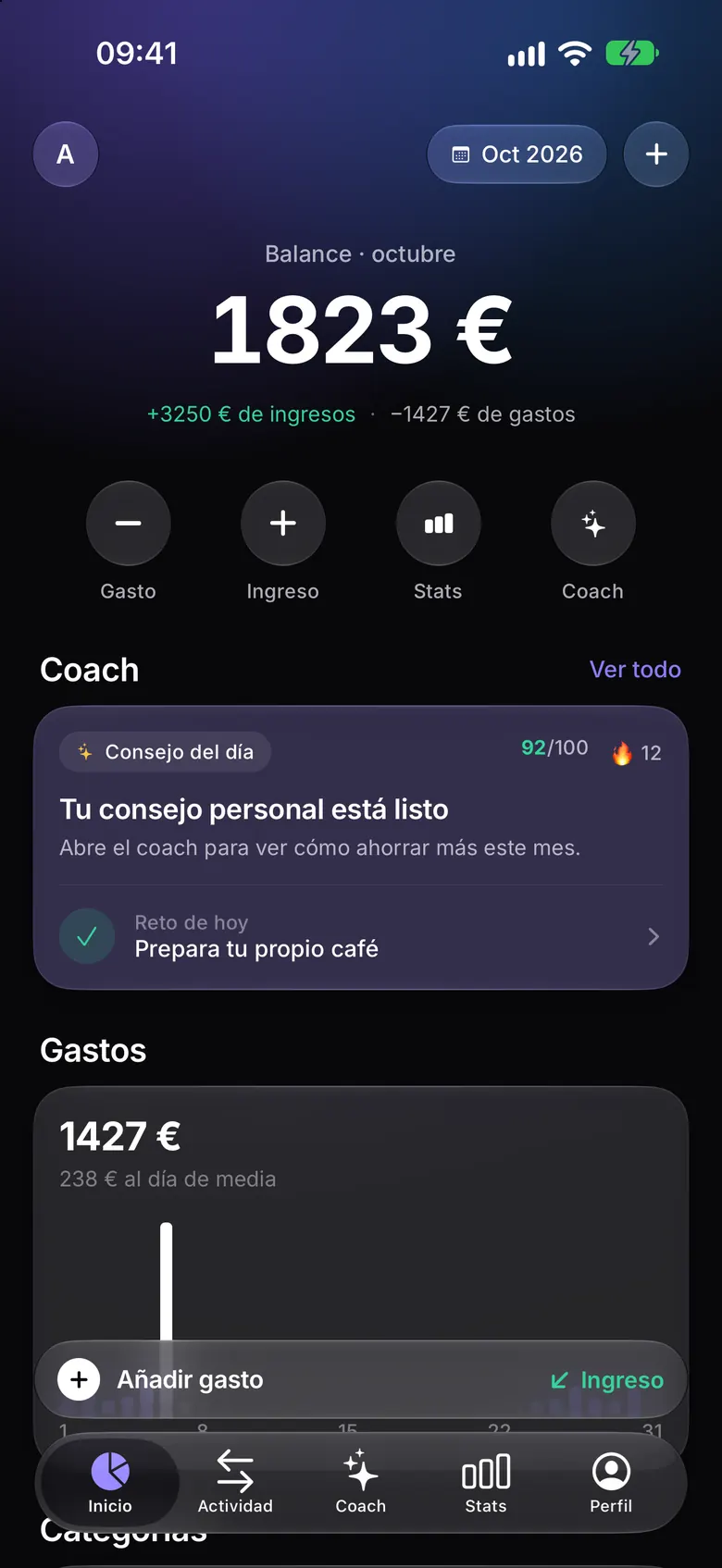 Pantalla de inicio con el balance del mes