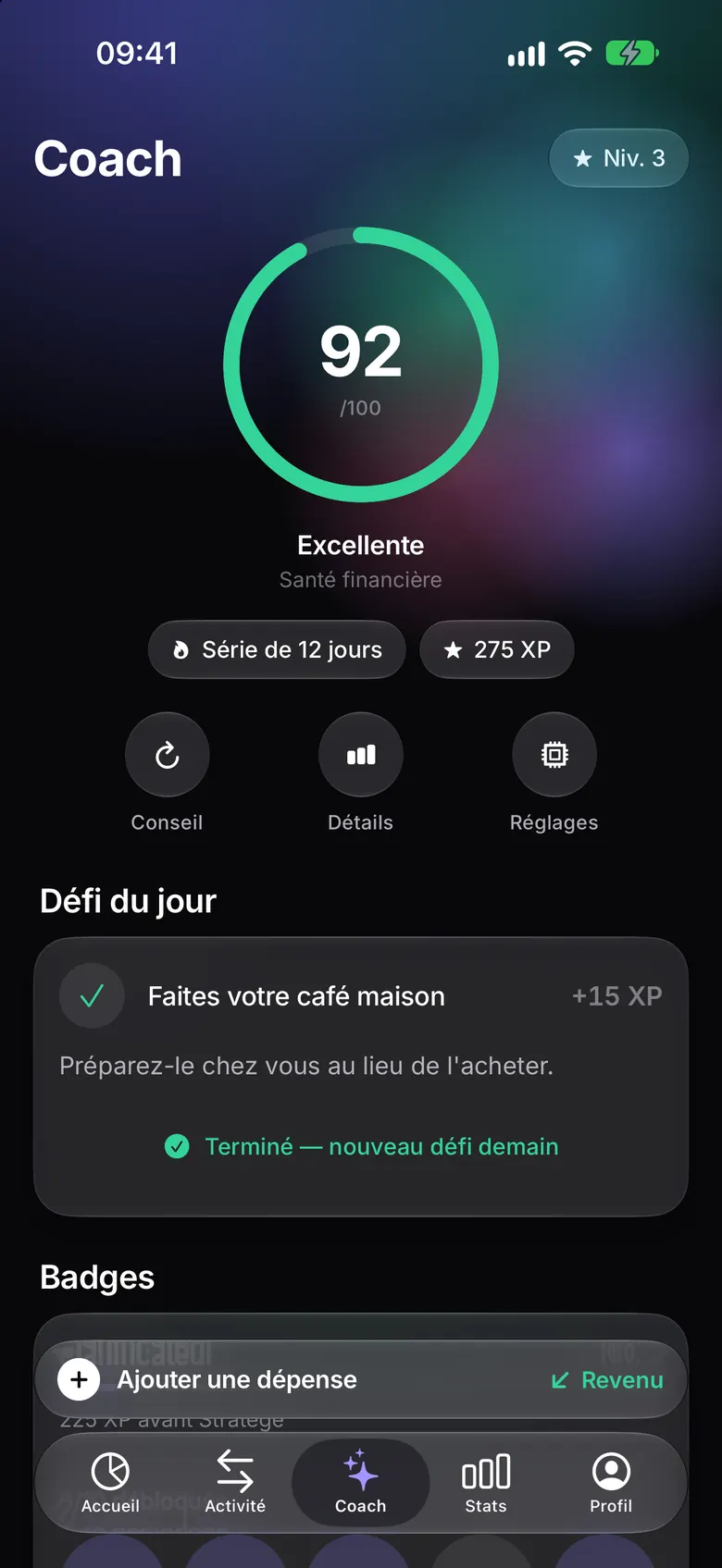 Défi du jour et badges