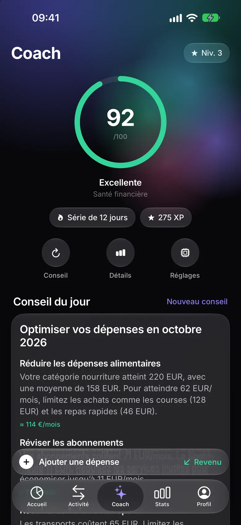 Écran Coach avec le score de santé financière