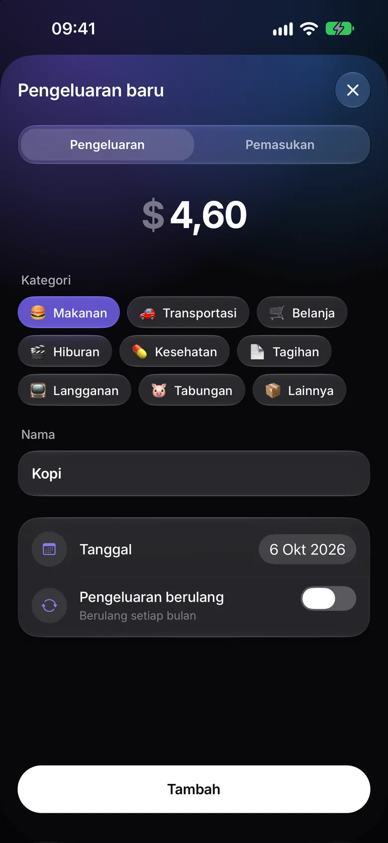 Layar tambah pengeluaran cepat