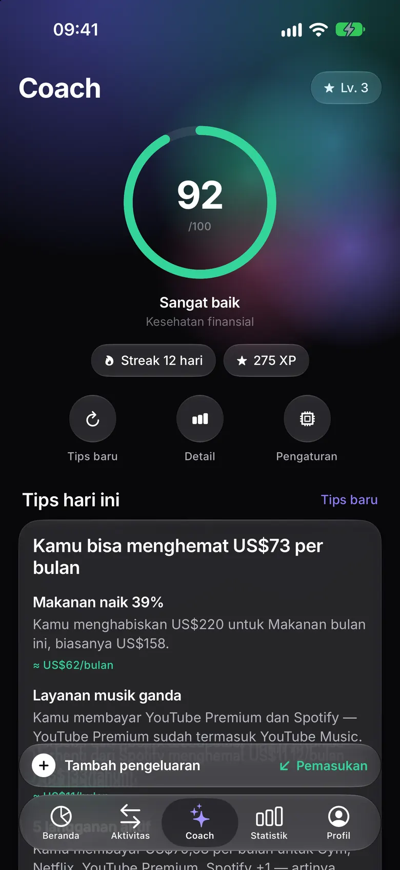 Layar Coach dengan skor kesehatan finansial