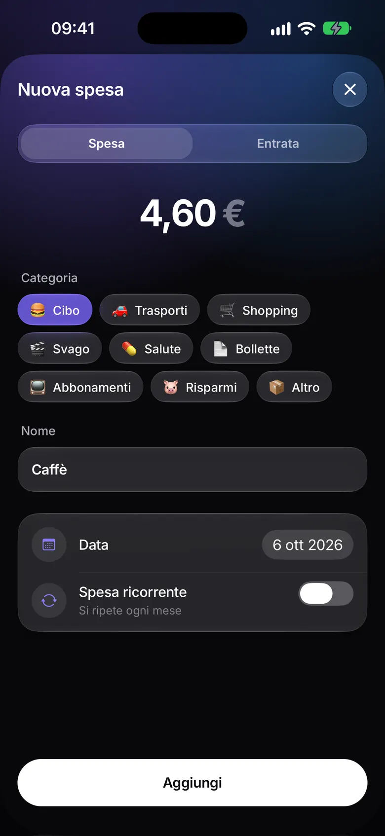 Schermata per aggiungere una spesa rapida