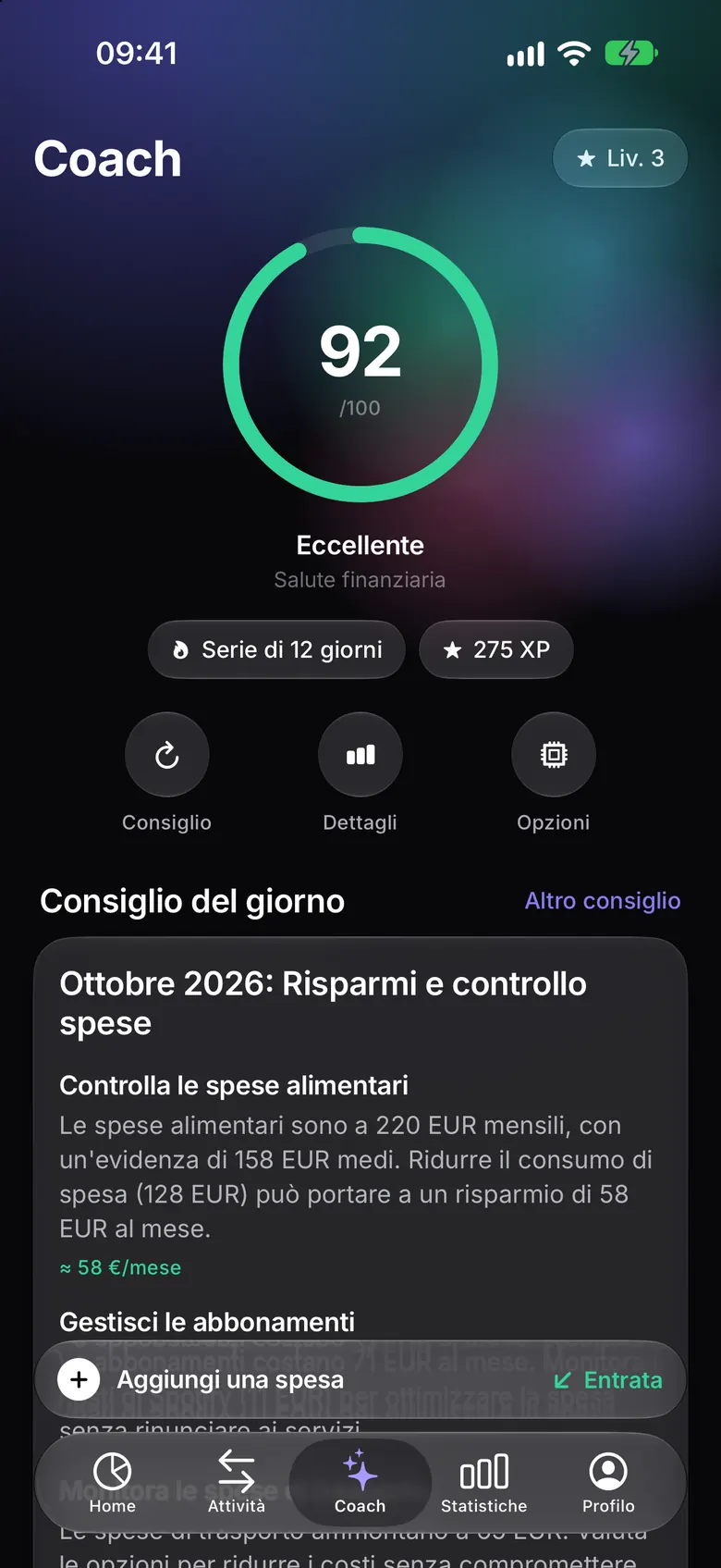 Schermata Coach con il punteggio di salute finanziaria