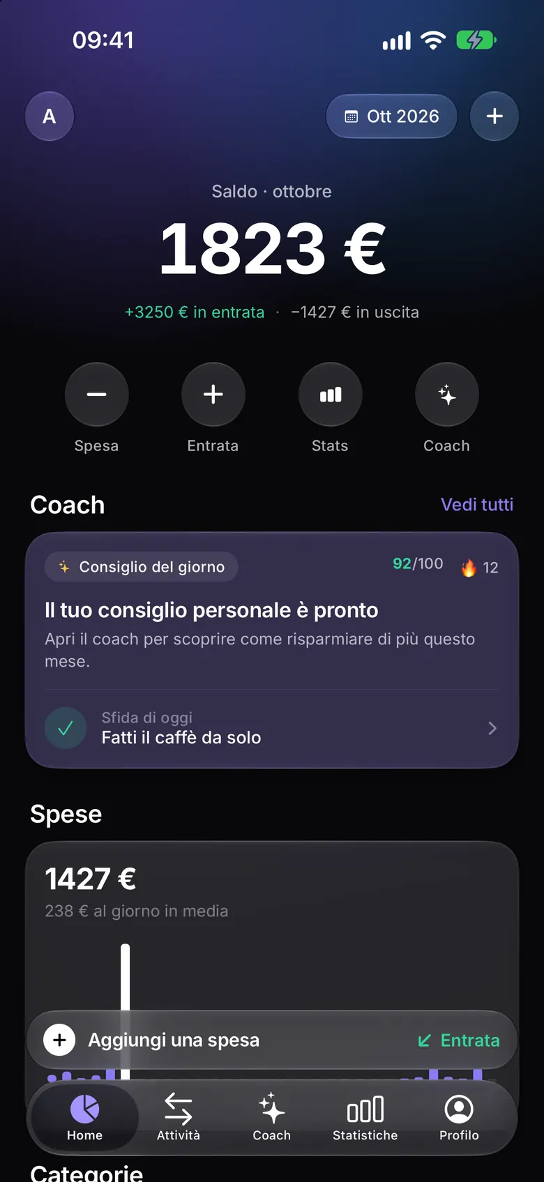 Schermata Home di RevenuePilot: saldo del mese, entrate e uscite e il consiglio del coach IA