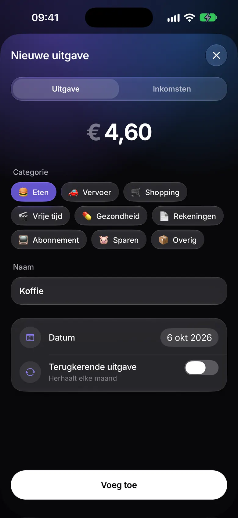 Scherm om snel een uitgave toe te voegen