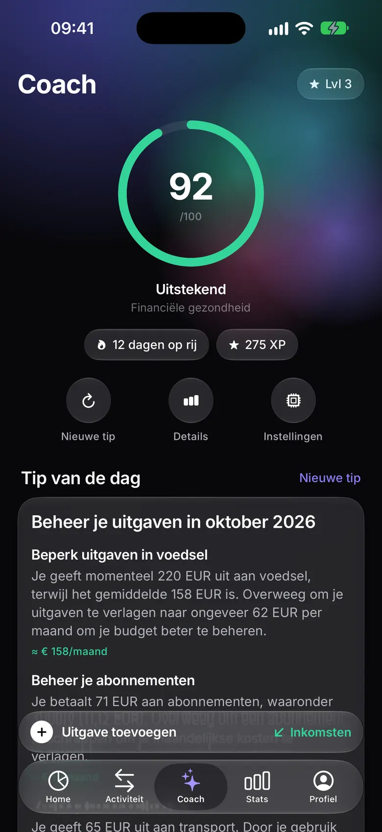 Coachscherm met de score voor financiële gezondheid