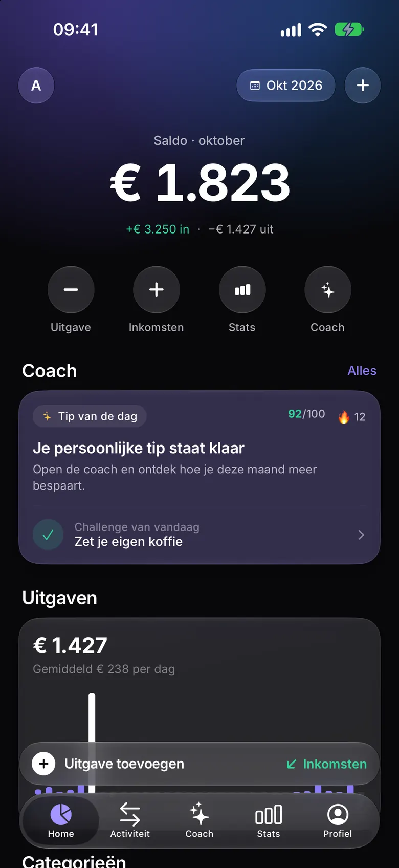 Homescherm van RevenuePilot: saldo van de maand, inkomsten en uitgaven, en de tip van de AI-coach