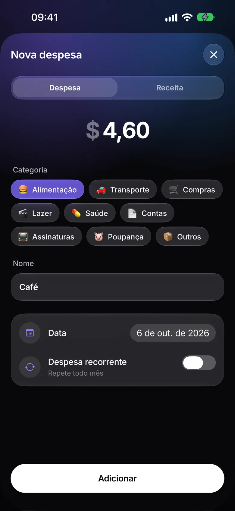 Tela de adição rápida de gasto