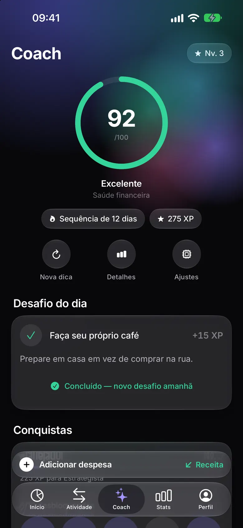 Desafio do dia e conquistas