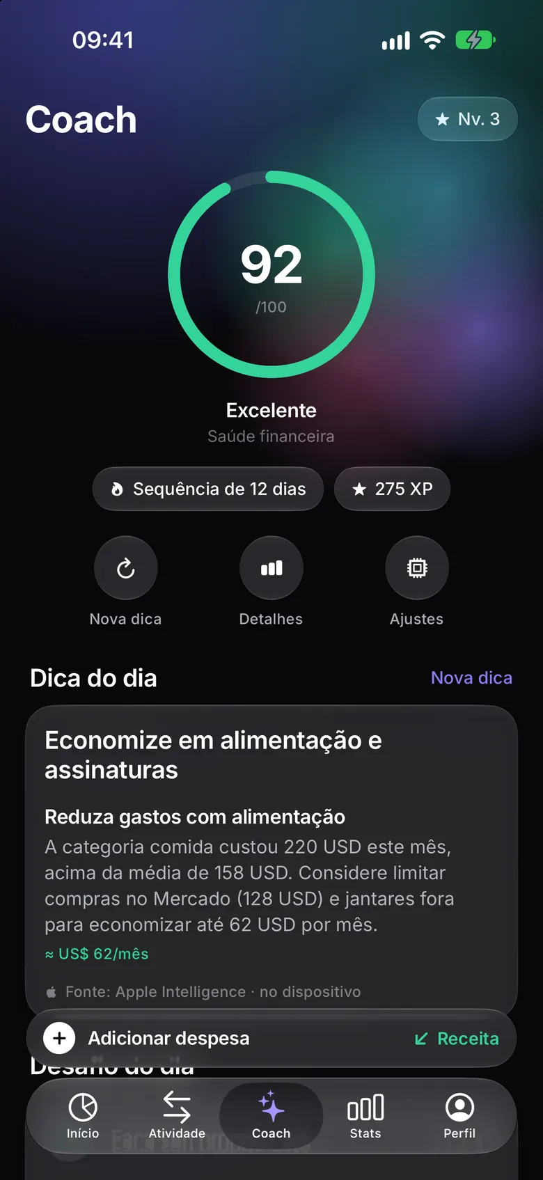 Tela Coach com a pontuação de saúde financeira