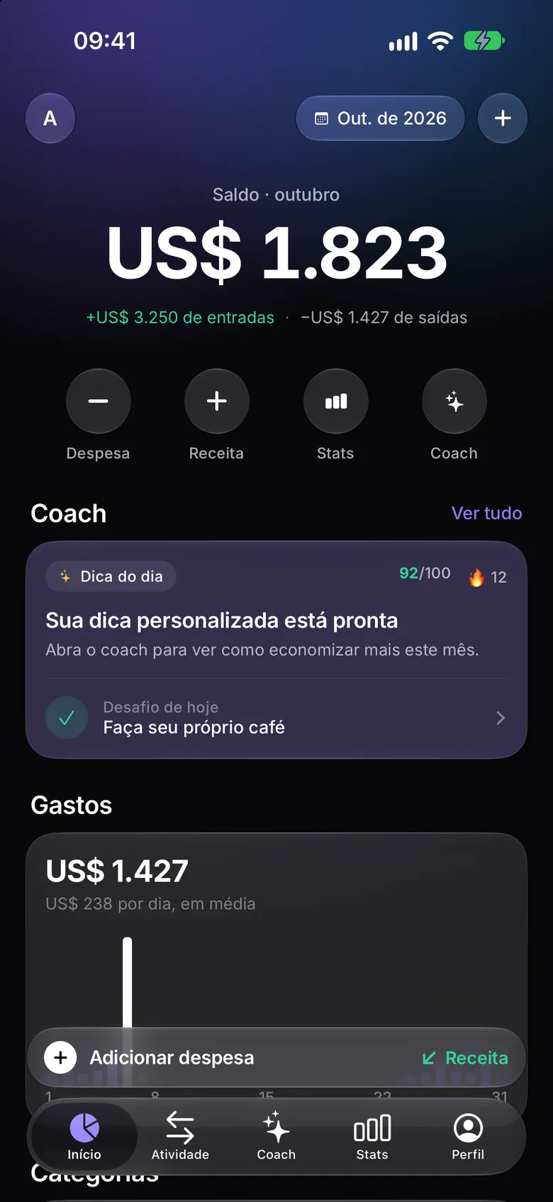 Tela inicial do RevenuePilot: saldo do mês, receitas e despesas e a dica do coach de IA