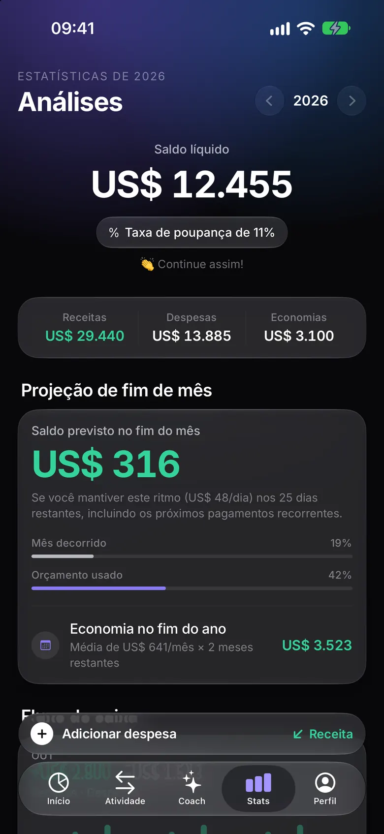 Tela Stats com a projeção de fim de mês