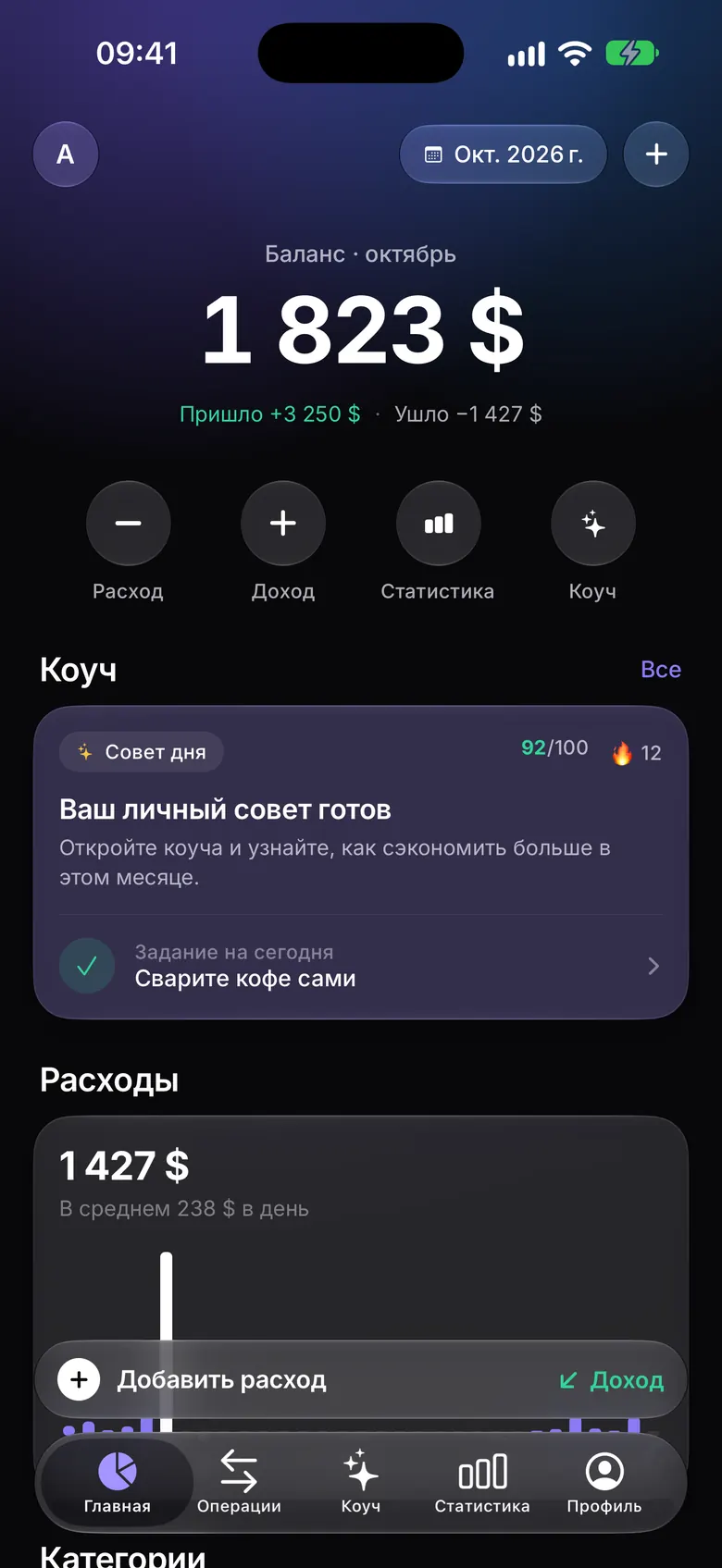 Главный экран RevenuePilot: баланс за месяц, доходы и расходы, совет ИИ-коуча