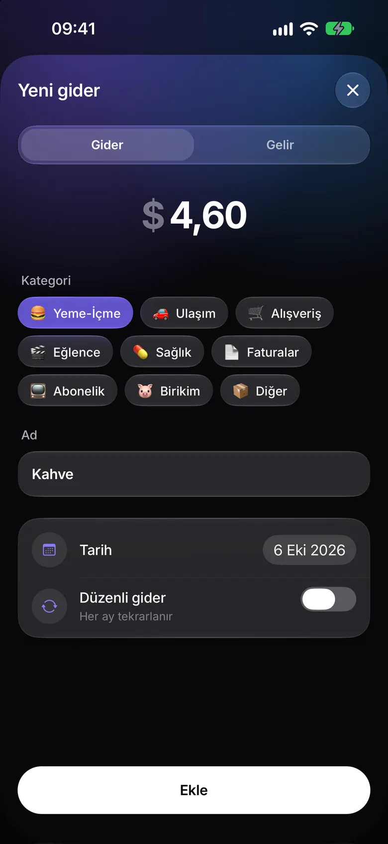 Hızlı harcama ekleme ekranı