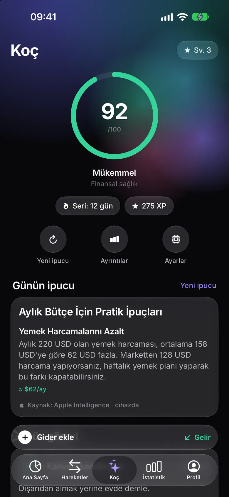 Finansal sağlık puanını gösteren Koç ekranı